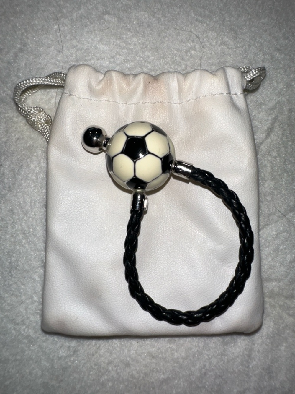 Soccer Ball Charm Black Braided Sterling Silver Key Ring